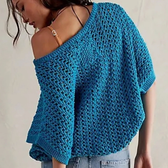 NWT Free People We the Free Ocean Palace Sophia Blue Boho Knit Crochet Sweater - Picture 3 of 9